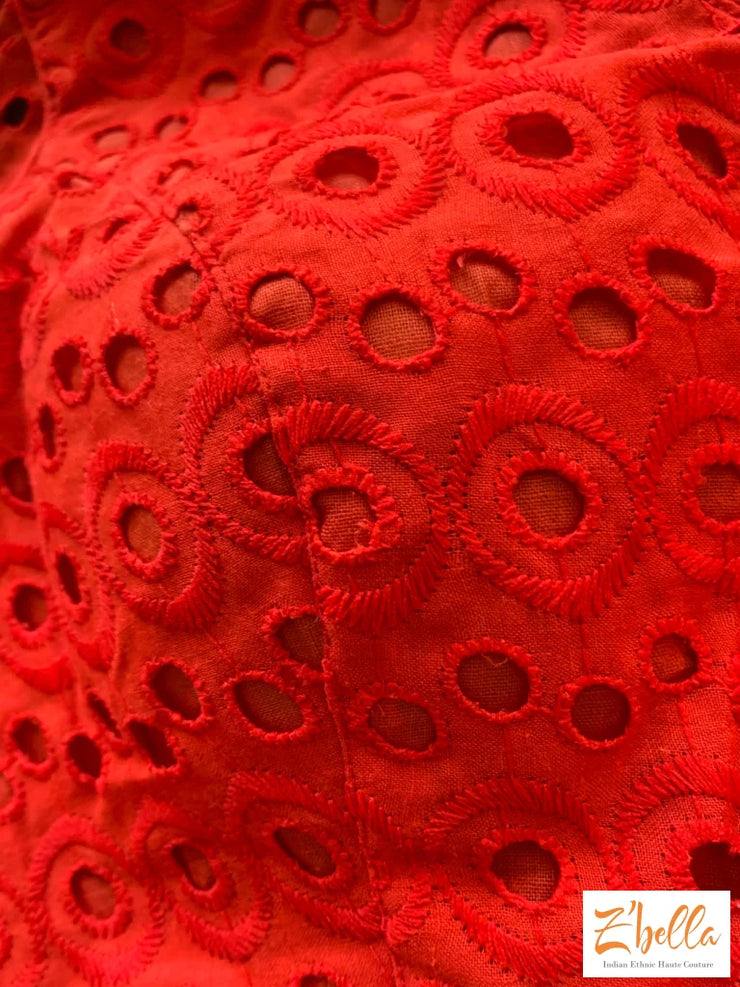 Red Hakoba Cotton Blouse With Cut Work Blouse