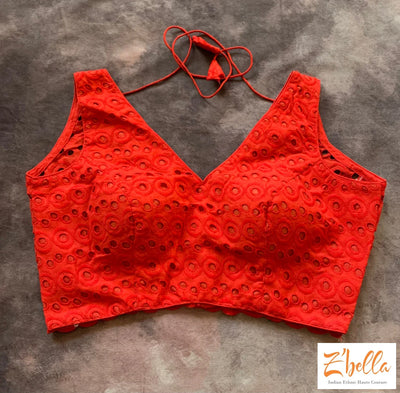 Red Hakoba Cotton Blouse With Cut Work Blouse