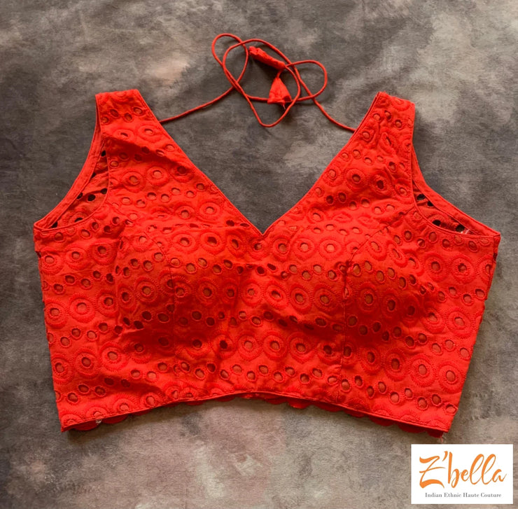 Red Hakoba Cotton Blouse With Cut Work Blouse