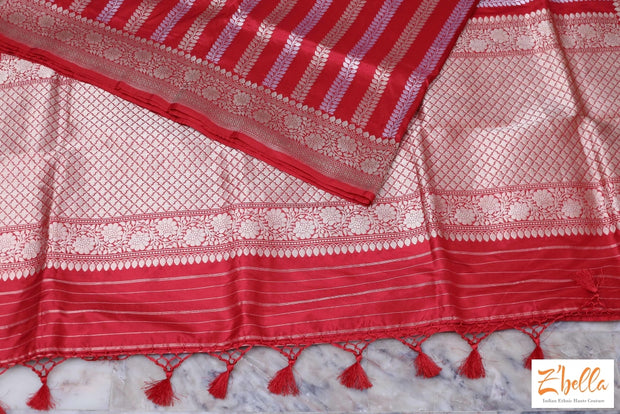 Red Katan Banarsi Saree With Silver And Gold Zari Weave Saree