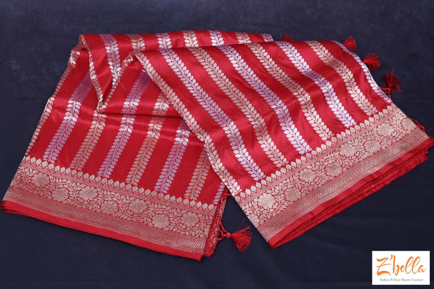 Red Katan Banarsi Saree With Silver And Gold Zari Weave Saree