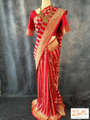 Red Katan Banarsi Saree With Silver And Gold Zari Weave Stitched Blouse Saree