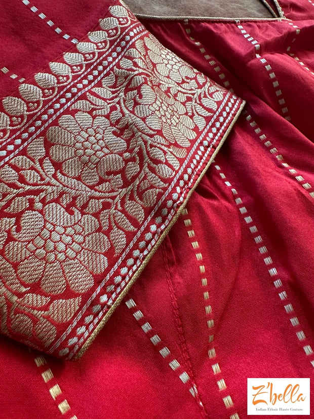 Red Katan Banarsi Saree With Silver And Gold Zari Weave Saree