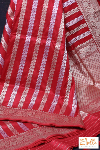 Red Katan Banarsi Saree With Silver And Gold Zari Weave Saree