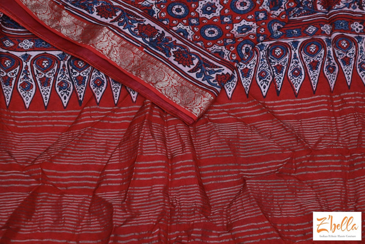 Red Orange Ajrak Dola Silk Saree With Stitched Blouse Saree