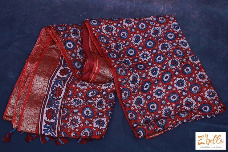Red Orange Ajrak Dola Silk Saree With Stitched Blouse Saree