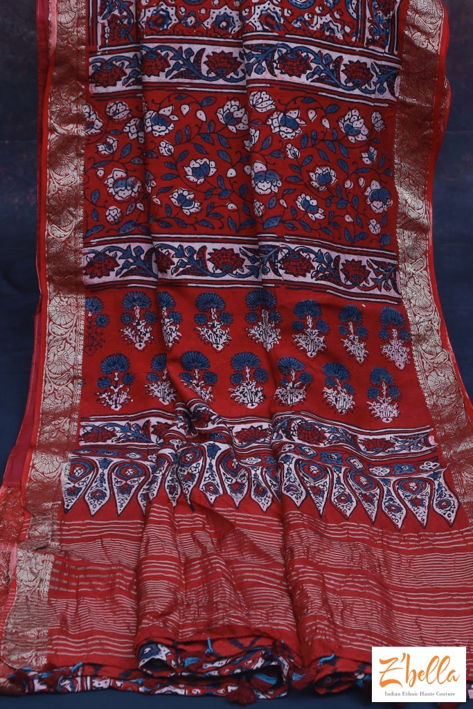 Red Orange Ajrak Dola Silk Saree With Stitched Blouse Saree