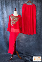 Red Side High Low Top With Sharara Kurti