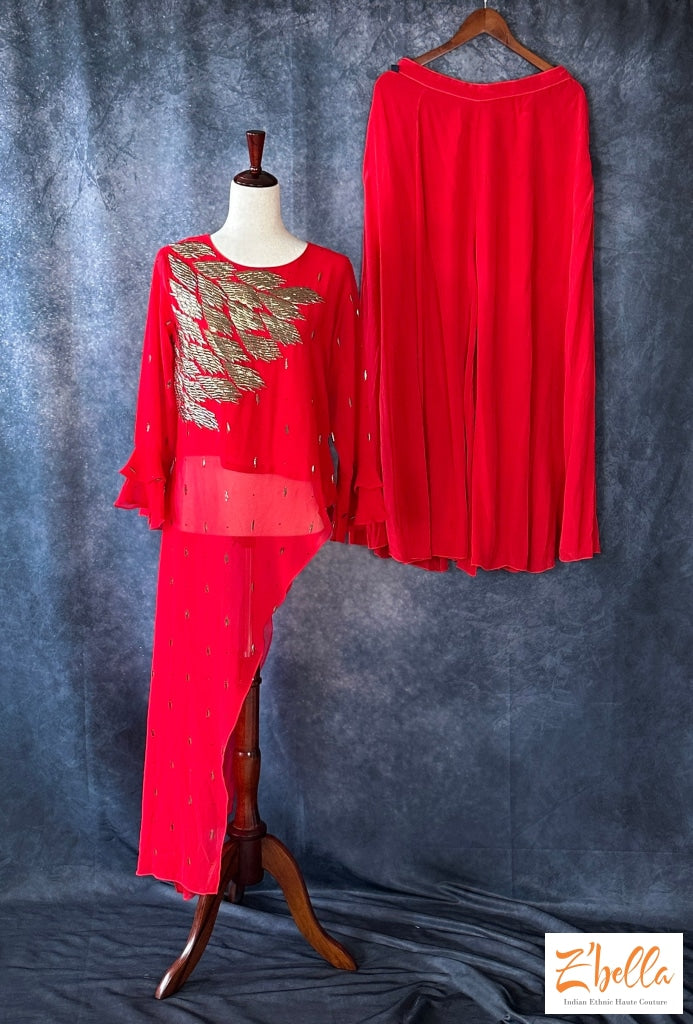 Red Side High Low Top With Sharara Kurti