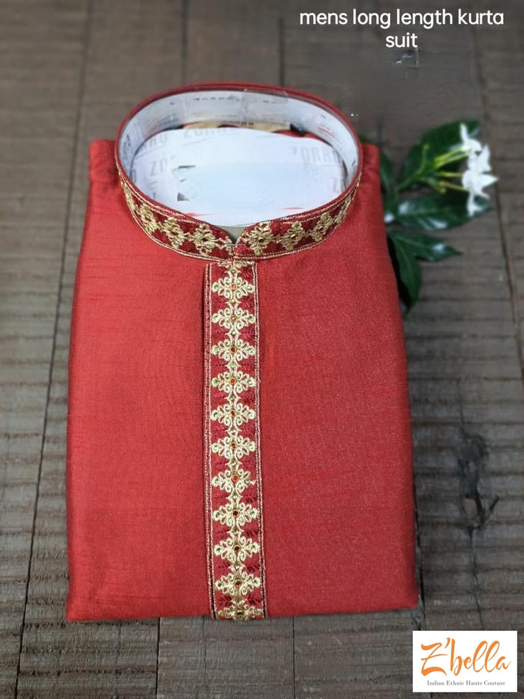 Red Silk Kurta With Embroidery Off White Bottom Kurta Set