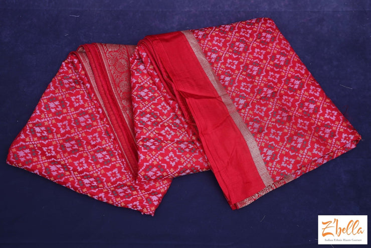 Red Silk Saree With Pattola Weave Stitched Blouse Saree