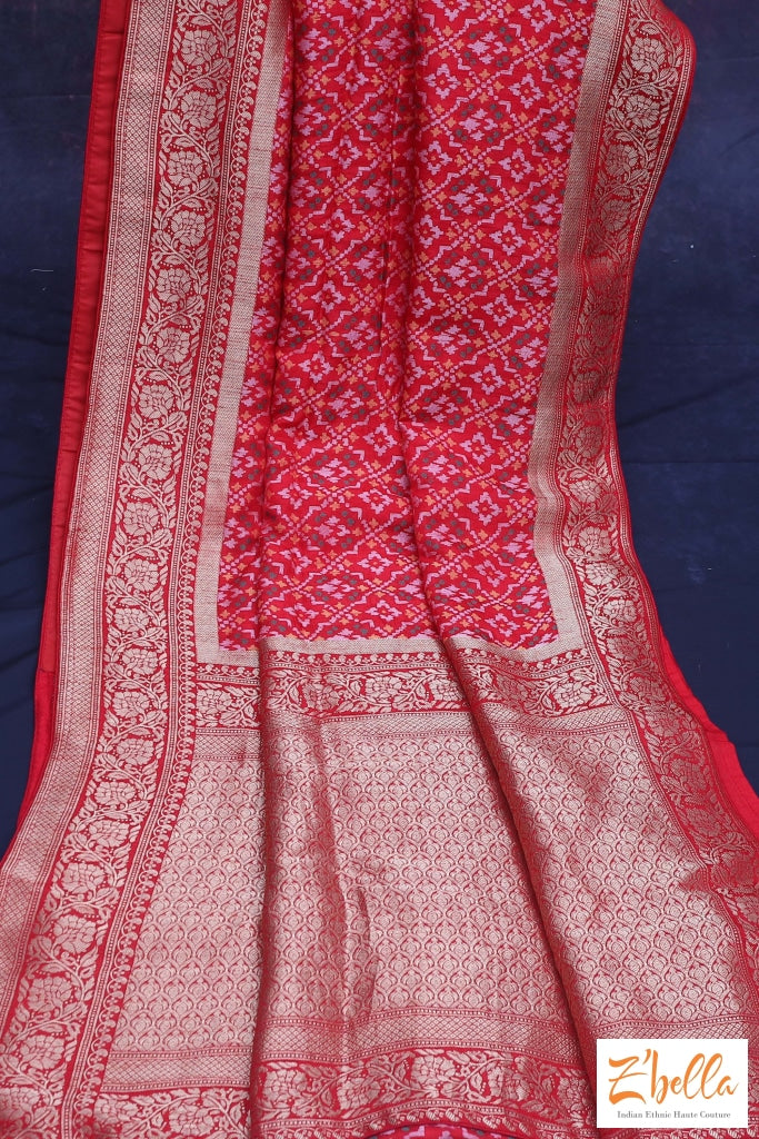 Red Silk Saree With Pattola Weave Stitched Blouse Saree