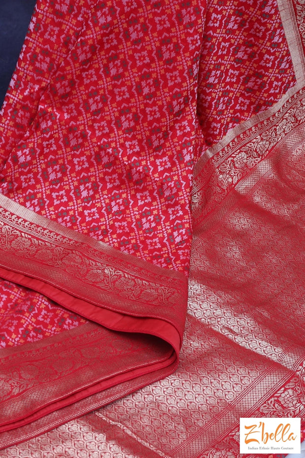 Red Silk Saree With Pattola Weave Stitched Blouse Saree