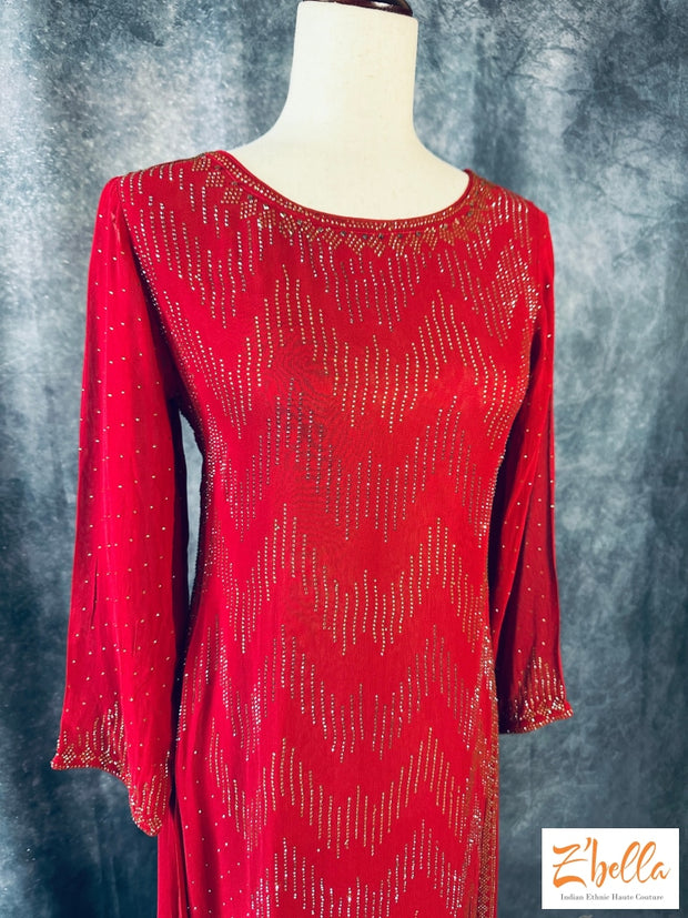 Reddish Maroon Color Long Dress With Stone Work Kurti