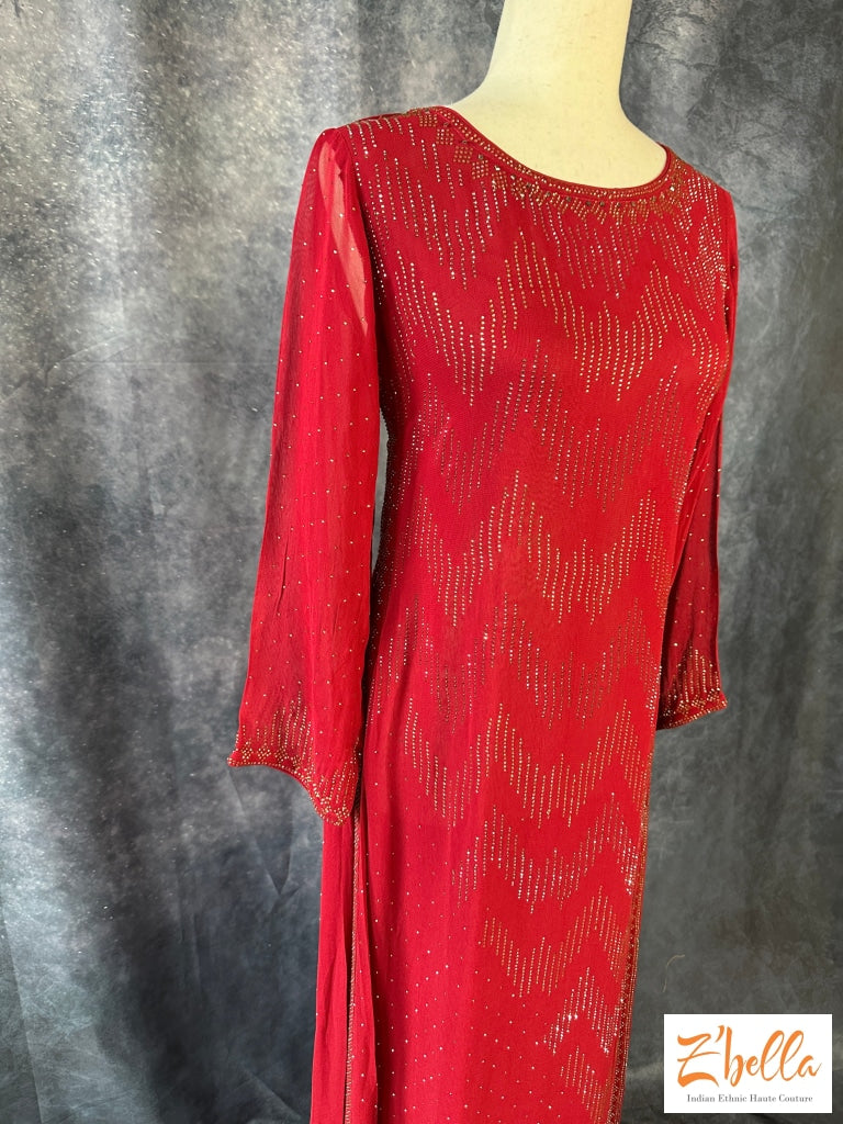 Reddish Maroon Color Long Dress With Stone Work Kurti