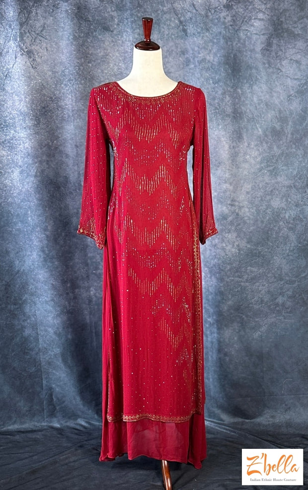 Reddish Maroon Color Long Dress With Stone Work Kurti