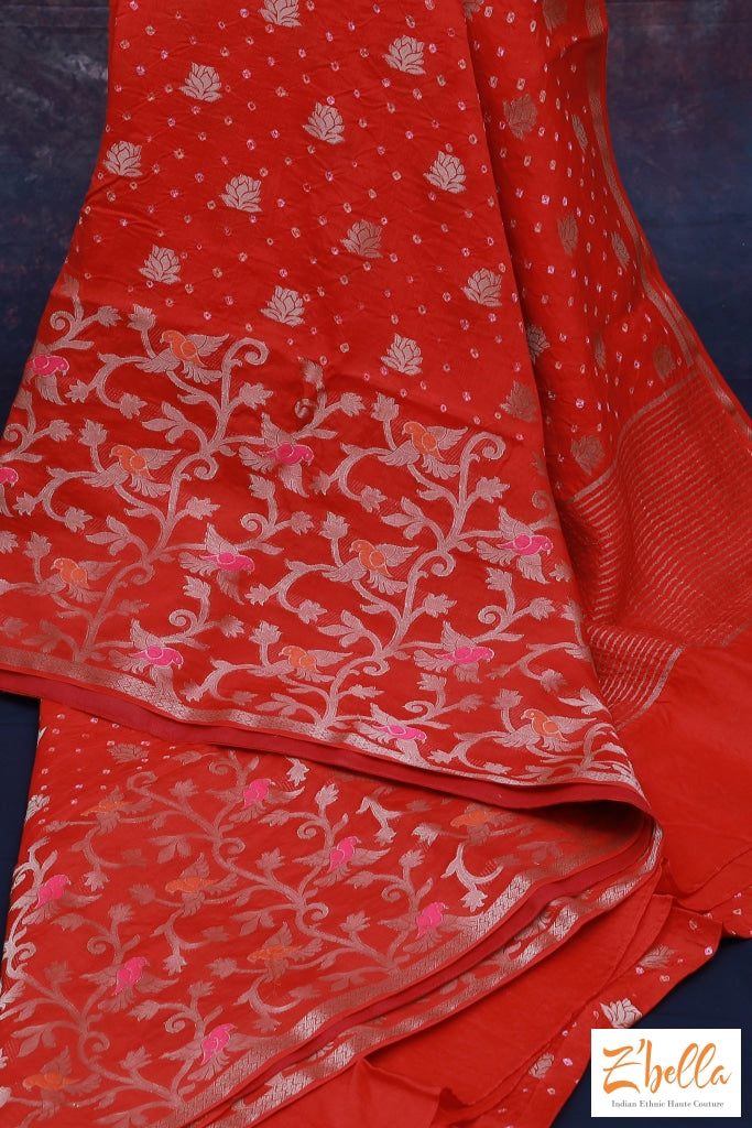 Reddish Orange Bandini Crepe Saree With Lotus Butta Bp Saree