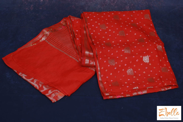 Reddish Orange Bandini Crepe Saree With Lotus Butta Bp Saree