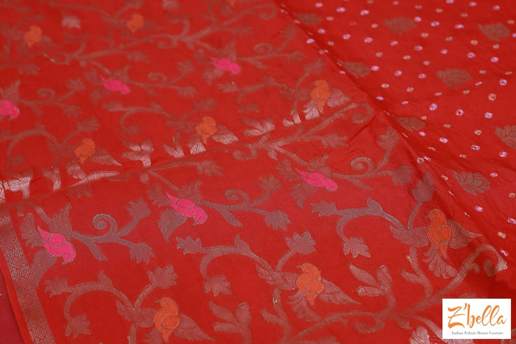 Reddish Orange Bandini Crepe Saree With Lotus Butta Bp Saree