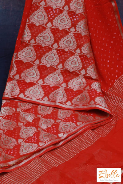 Reddish Orange Crepe Bandini Saree With Bp Saree