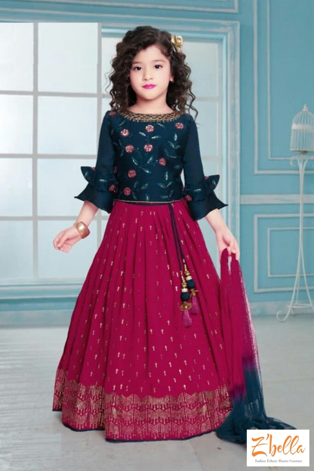 Reddish Pink Lehanga With Blue Top Girl Kids Set