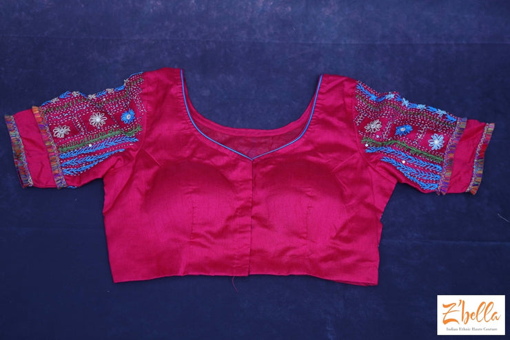 Reddish Pink Raw Silk Blouse With Lambani Work Blouse