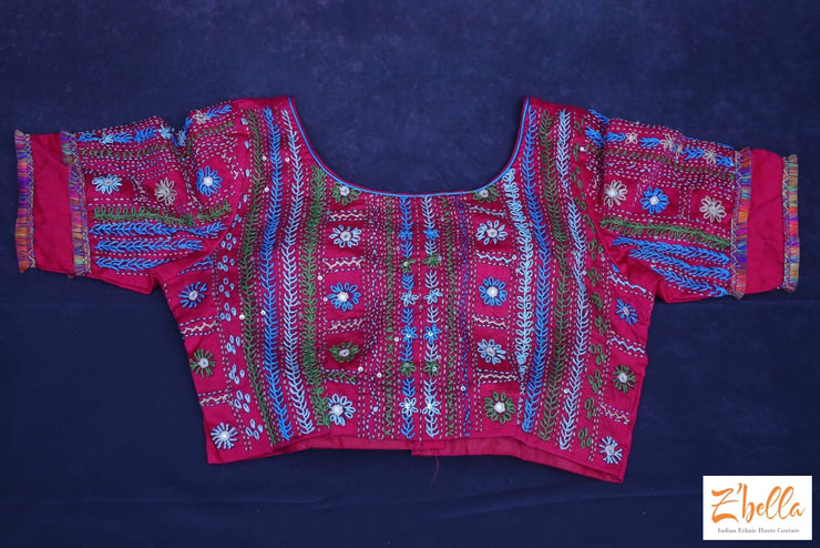 Reddish Pink Raw Silk Blouse With Lambani Work Blouse