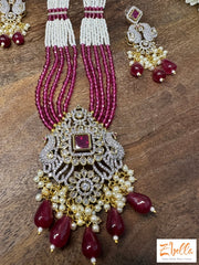 Ruby Red 5 Line Small Bead Chain With Pendant And Earings Necklace