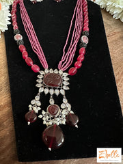 Ruby Red Bead Chain With Pendant And Earring Necklace