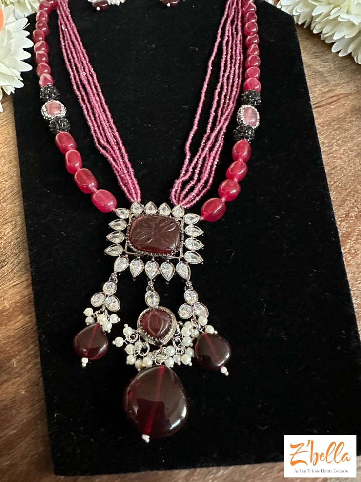 Ruby Red Bead Chain With Pendant And Earring Necklace