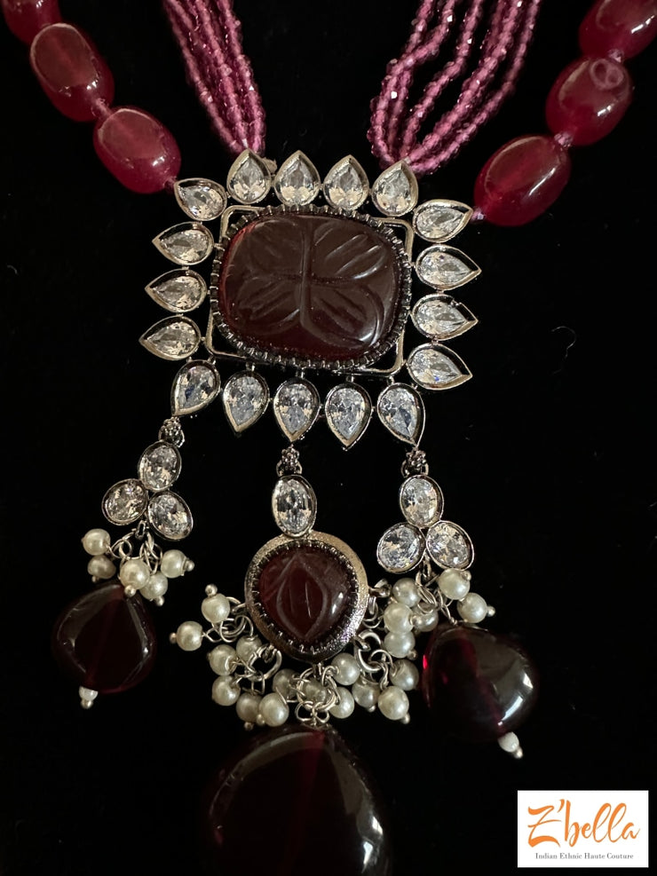 Ruby Red Bead Chain With Pendant And Earring Necklace