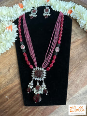 Ruby Red Bead Chain With Pendant And Earring Necklace