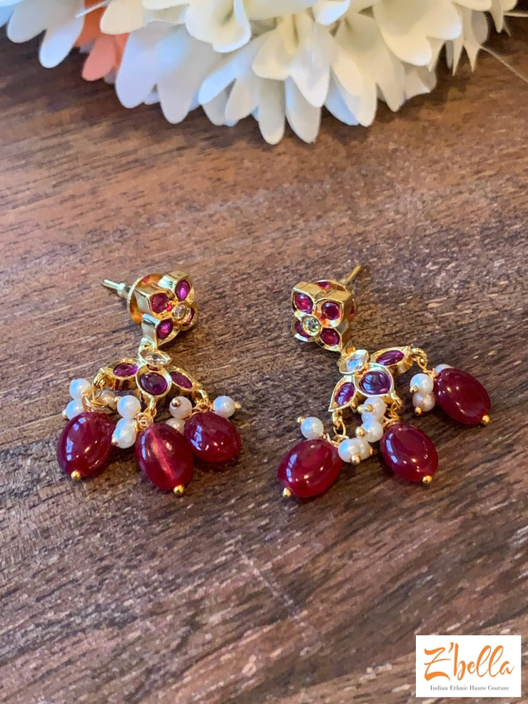 Ruby Red Bead Long Necklace With Earring Necklace