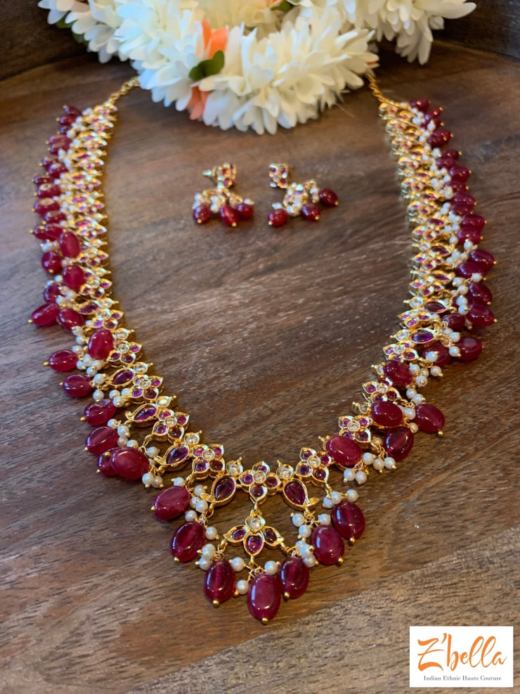 Ruby Red Bead Long Necklace With Earring Necklace