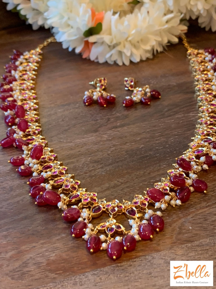 Ruby Red Bead Long Necklace With Earring Necklace