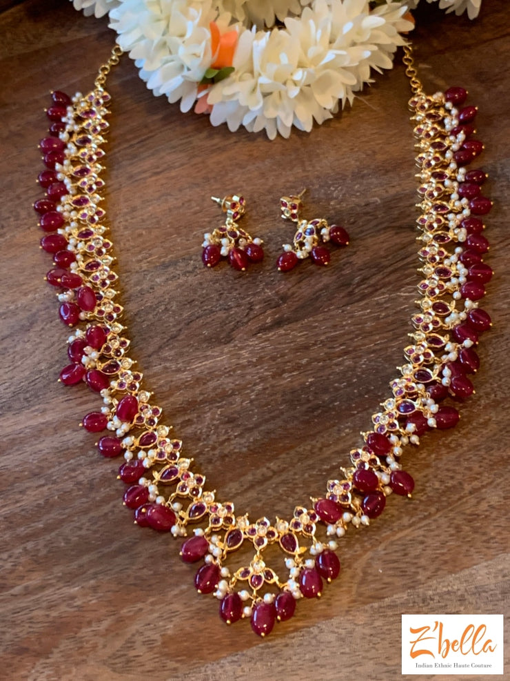 Ruby Red Bead Long Necklace With Earring Necklace