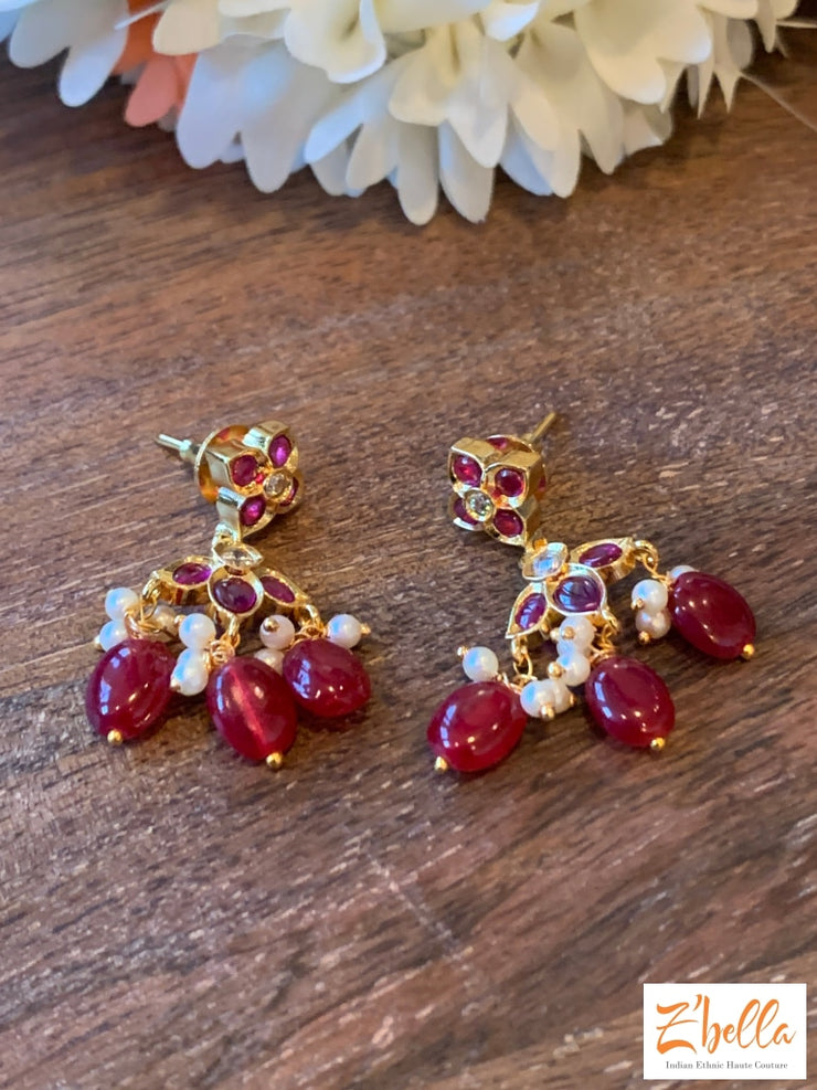Ruby Red Bead Long Necklace With Earring Necklace