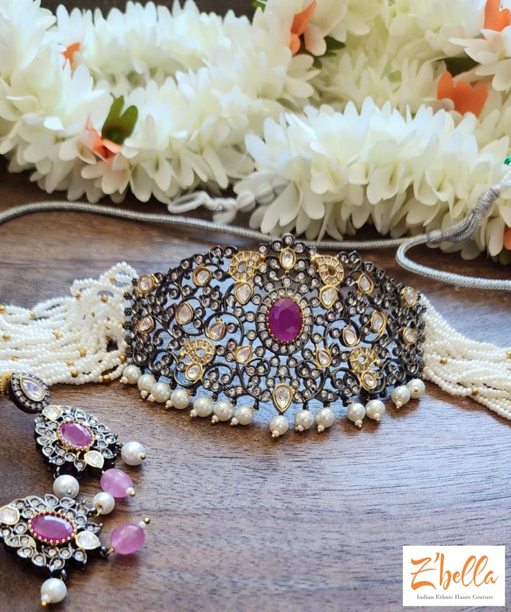 Ruby Red Bead Pearl Choker With Earring Necklace