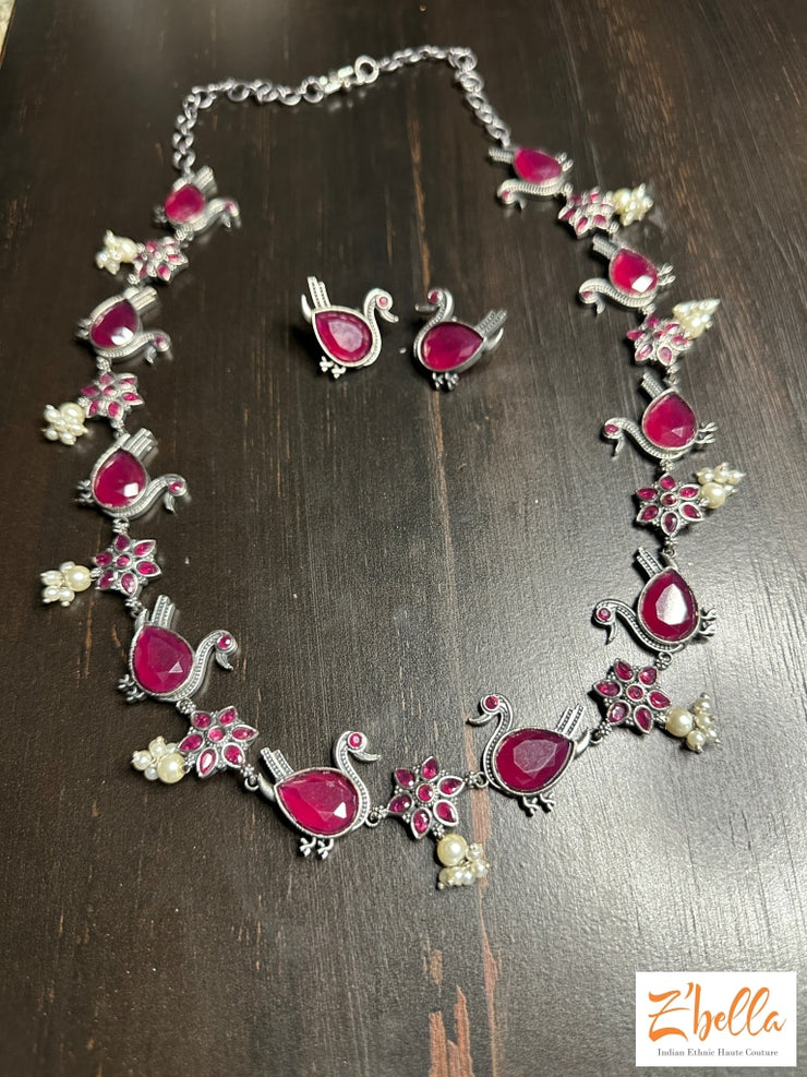 Ruby Red Stone Bird Necklace With Earring Necklace