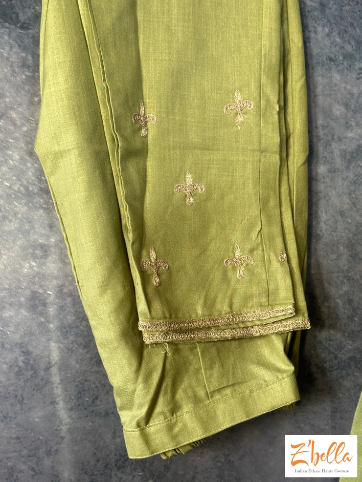 Sage Green Cotton Kurti With Emroidery Bottom Embroidery Kurti