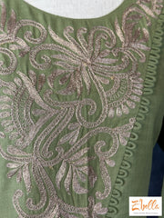 Sage Green Cotton Kurti With Emroidery Bottom Embroidery Kurti