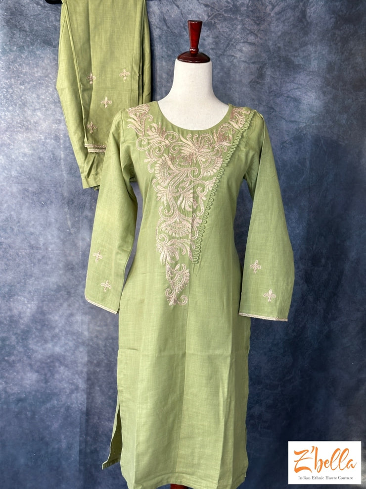 Sage Green Cotton Kurti With Emroidery Bottom Embroidery Kurti