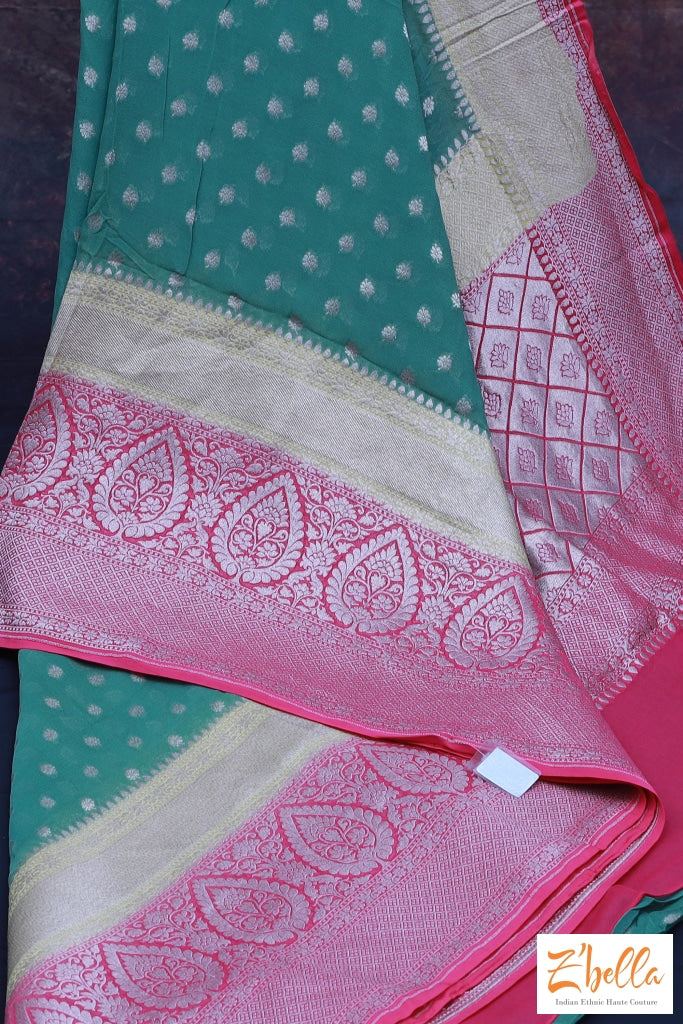 Sage Green Khaddi Georgette Saree Pink And Yellow Borderwith Pattinum Zari With Stitched Blouse