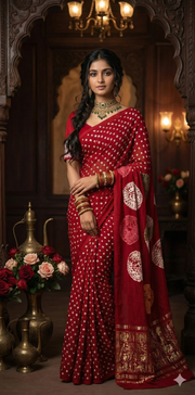 Red gajji silk saree with hand bandini and stitched blouse