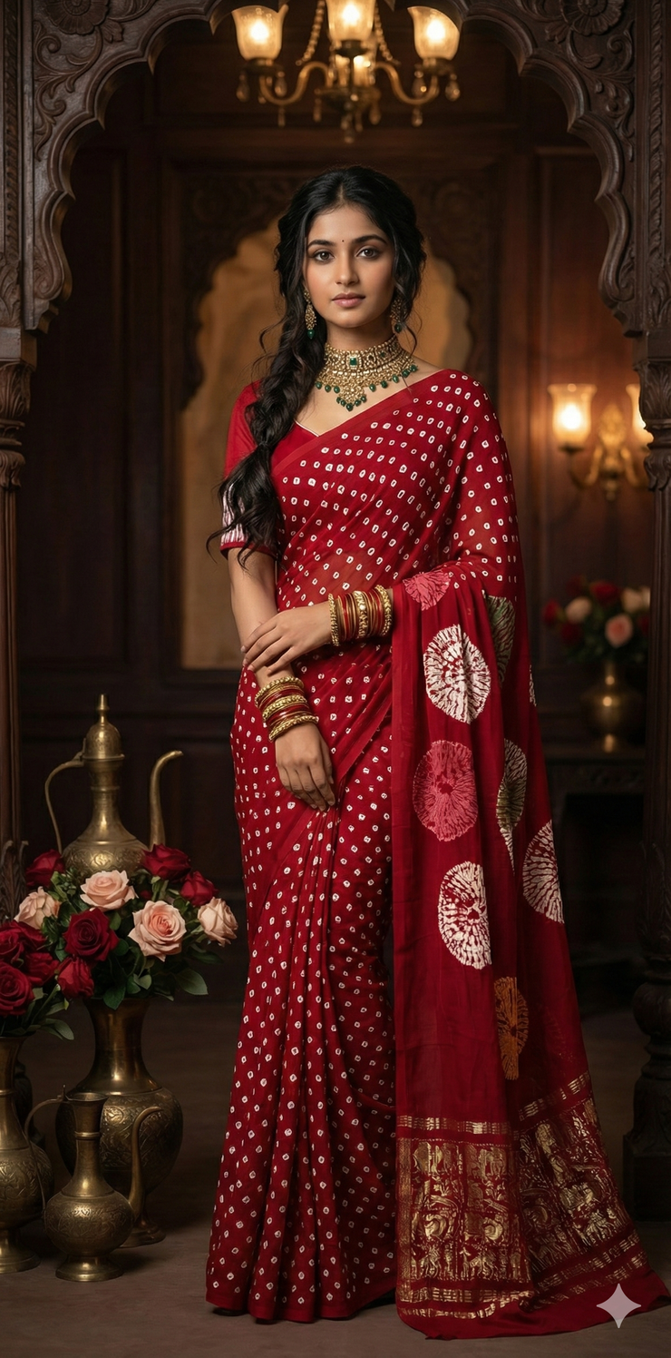 Red gajji silk saree with hand bandini and stitched blouse