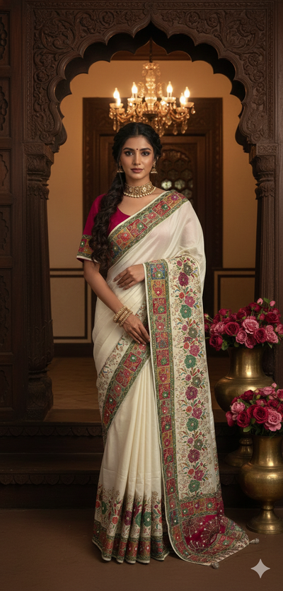 Pashmina silk saree with mirror and bead work and stitched blouse