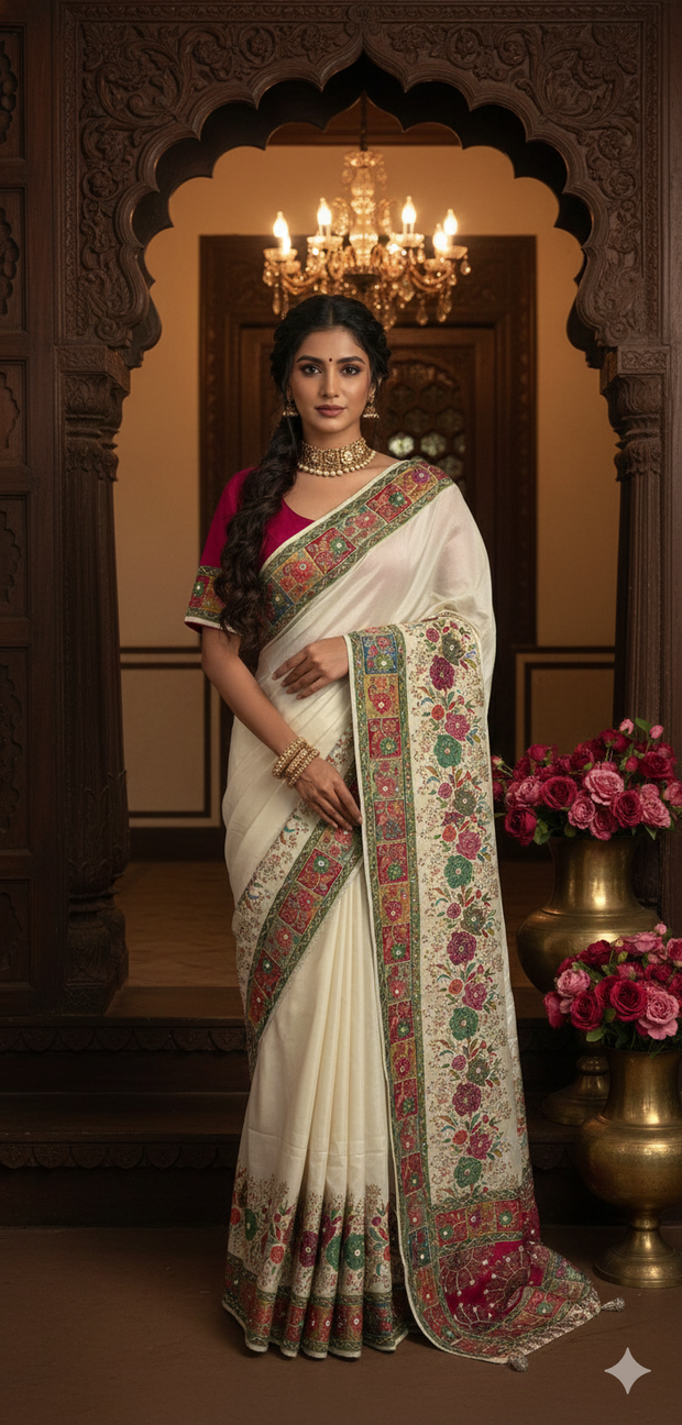 Pashmina silk saree with mirror and bead work and stitched blouse