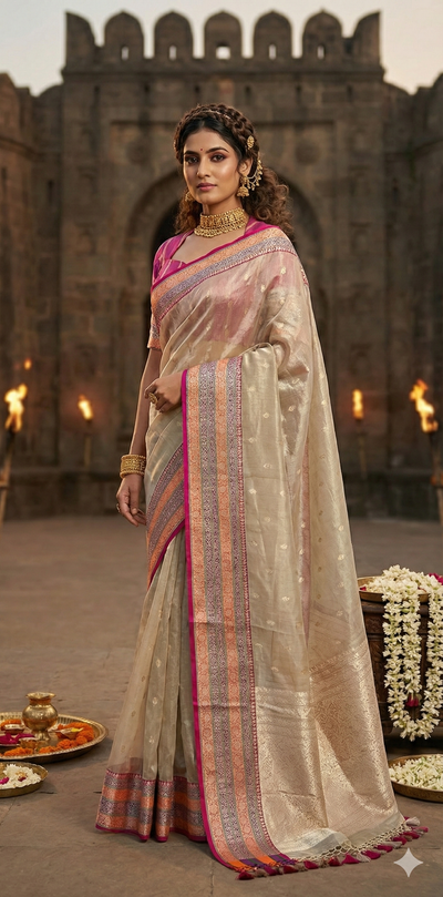 Cora tissue silk saree with multi color banarsi Border, with stitched blouse