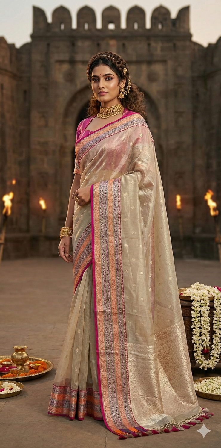 Cora tissue silk saree with multi color banarsi Border, with stitched blouse