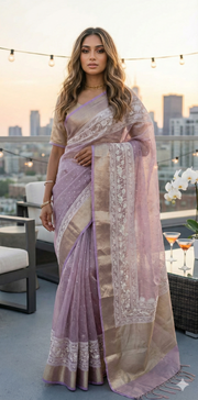 Lilac Tissue Kotta silk saree with mirror and chikankari work, with stitched blouse